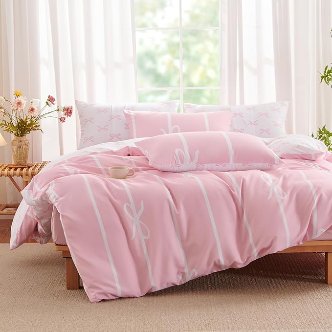 Pink Bow Duvet Cover Full Coquette Bedding Set for Girls Kids Cute Princess Style Bowknot Bedding Ultra Soft Microfiber Duvet Cover Set with 2 Pillowcases(No Comforter)