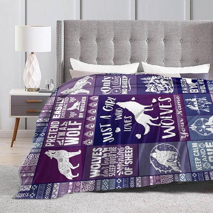 Custom Wolf Blanket with Name for Women Men, Personalized Cool Wolf Themed Design Printed Throw Blankets for Teens Adults Couch Bed, Giftable Blanket, 60"x 80"