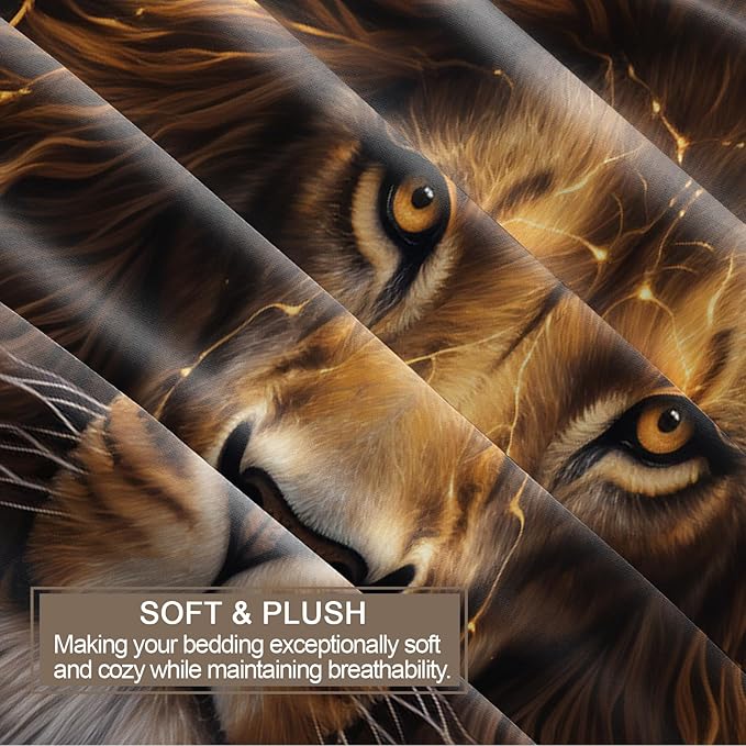 Lion Duvet Cover King Size, Trippy Golden Lion Bedding Set 3 Piece Bedroom Decor Modern Wild Animal Patterned Comforter Cover with Zipper Ties & 2 Pillowcases