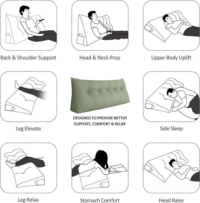 Wedge Pillow Headboard Reading Pillow for Sitting Up in Bed Adult Backrest Large Triangle Bolster Pillow for Couch Daybed Cushion Lumbar Body Support Leg Positioning（Green, Full）