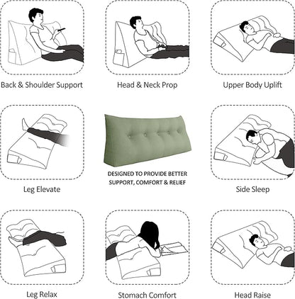 Wedge Pillow Headboard Reading Pillow for Sitting Up in Bed Adult Backrest Large Triangle Bolster Pillow for Couch Daybed Cushion Lumbar Body Support Leg Positioning（Green, Full）