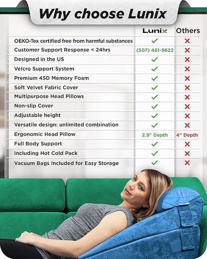 Lunix 5pcs Orthopedic Bed Wedge Pillow Set for Sleeping – Adjustable Post Surgery Back, Leg & Knee Support, Acid Reflux & GERD Relief, Memory Foam Head Pillows, with Hot/Cold Pack, Blue