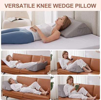 Knee Wedge Pillow, Memory Foam Leg Pillow Bed Wedge for Sleeping, Post Surgery Triangle Pillow for Knee Support, Leg Elevation, Hip Back Pain Relief (23.6" x 23" x 7.9", Large Size, Grey)