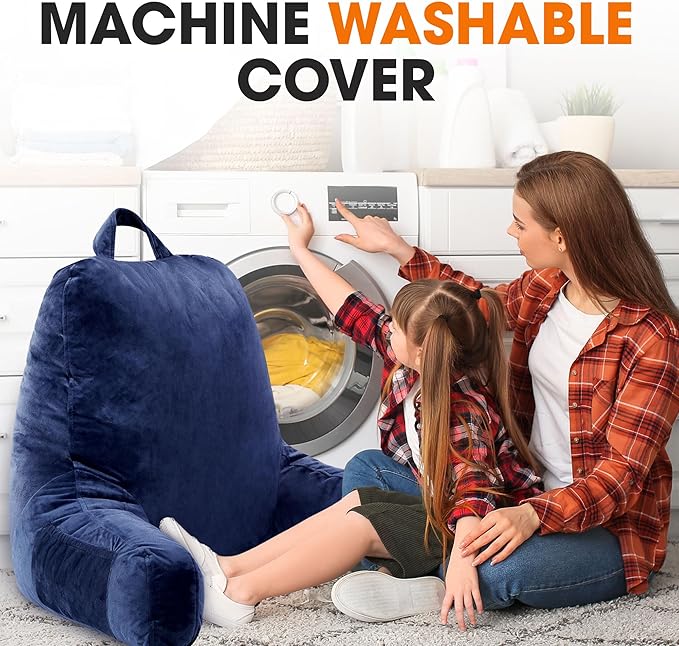 Cheer Collection Reading Pillow with Arms – Portable Bed Pillow for Sitting Up & Support, Foam-Filled Back Rest Pillow for Sitting in Bed & Couch, Machine Washable Navy Blue (Large)