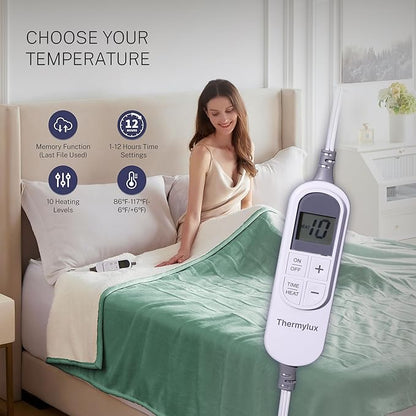 Electric Blanket Twin 62"x84" Heated Electric Blankets 10 Heating 12 Time Settings Levels 8 Hours Auto Off Fast Heating and Overheat Protection ETL Certified Machine Washable,Green