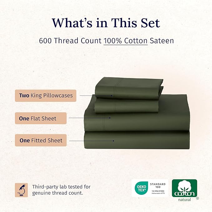 California Design Den King Deep Pocket Sheets Set - Luxury 600 Thread Count 100% Cotton Sheets King Size, Sateen, Hotel-Quality, Better Than Egyptian Cotton Sheets - Dark Olive Green