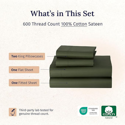 California Design Den California King Sheets Deep Pockets Set - Luxury 600 Thread Count 100% Cotton Sateen, California King Sheet Set, Hotel-Quality Bedding - Dark Olive Green