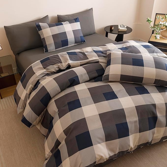 Wellboo Blue Plaid Comforter Sets Full Size Navy Blue and Grey Checkered Bedding Comforters Modern Beige Grid Quilt Blankets Women Men Gray Checkerboard Bedding Soft Brown Geometric Bed