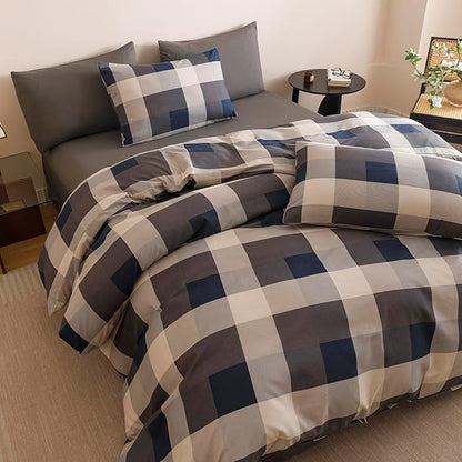 Wellboo Blue Plaid Comforter Sets Full Size Navy Blue and Grey Checkered Bedding Comforters Modern Beige Grid Quilt Blankets Women Men Gray Checkerboard Bedding Soft Brown Geometric Bed