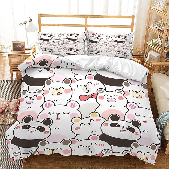 CVHOUSE Kawaii Panda Bedding Twin Size,Kawaii Cute Set for Girls Kids Teens,Cute Comforter Cover Soft,1 Duvet 2 Pillowcases 3 Piece,Girls Room Decor Twin 71'x87'