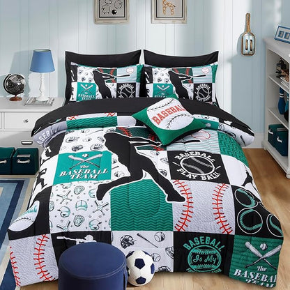 A Nice Night Sports Geometric Grid Black Patchwork Baseball Printed for Boys Queen 6Pcs Bed in A Bag Comforter Bedding Set,Green