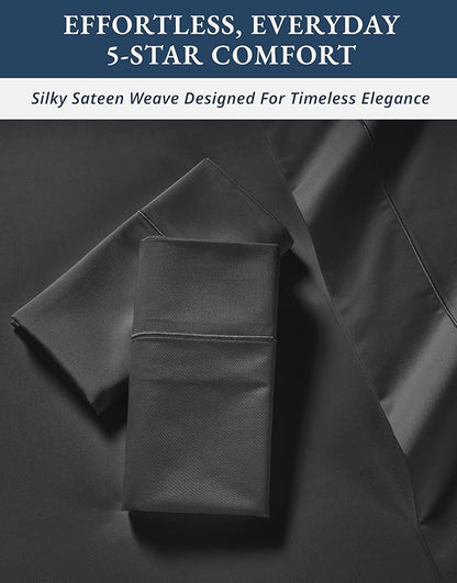 LANE LINEN 100% Egyptian Cotton Queen Sheets, Long Staple Mercerized Cotton No Pill Fade Resistant Silky Sateen Weave for Soft & Comfy Good Night Sleep, Deep Pocket Fits 15" Mattress - Moonless Night