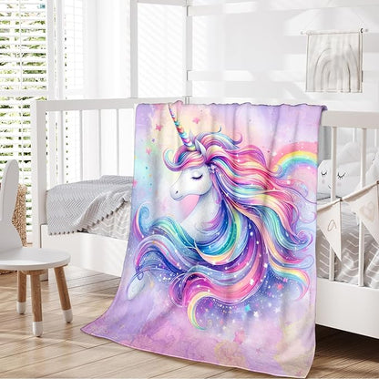 Unicorn Throw Blanket, 60"x50", Purple, Flannel, Soft, Warm, Breathable, All Seasons, Kids, Girls, Women, Gift