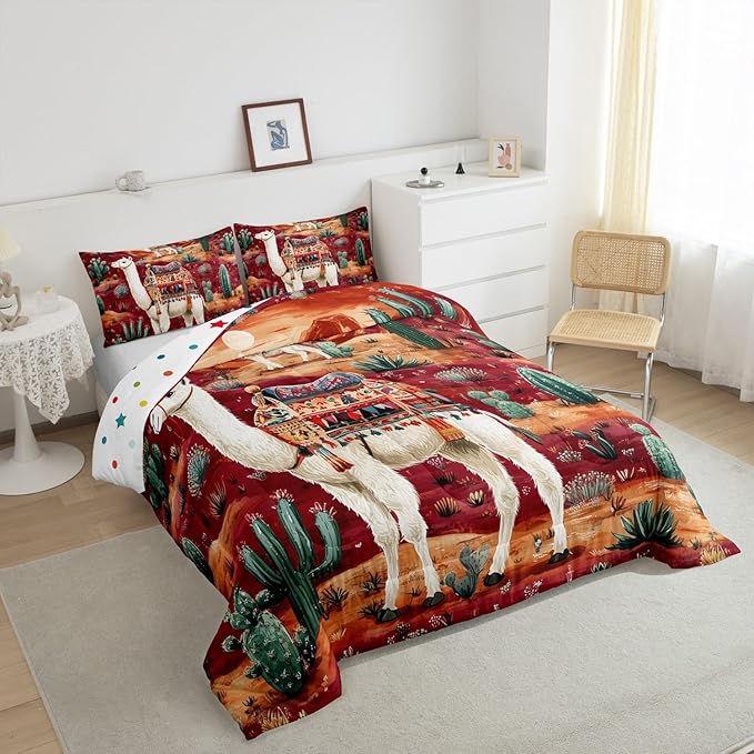 Boho Alpaca Comforter Set Twin Size for Kids Western Desert Cactus Bedding Sets All Season Exotic Tribal Style Quilt Set Bedroom Decor Cute Tropical Animal Down Comforter,2Pcs