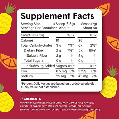 Bellway Super Fiber Powder + Fruit, Sugar Free Organic Psyllium Husk Powder Fiber Supplement for Regularity, Bloating Relief & Digestive Health, Plant-Based, Fruit Punch (50 Servings)