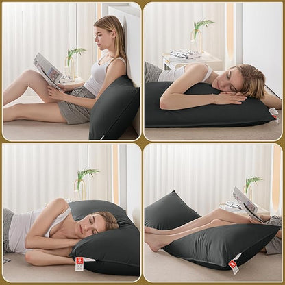 Goose Down Body Pillows for Adults, Large Body Pillow for Side Sleeper, Hugging Feather Body Pillow Insert, Cooling Full Length Long Pillow for Bed with 100% Organic Cotton Shell, Black 20"x60"