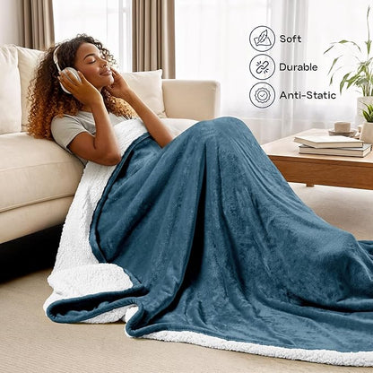 Utopia Bedding Sherpa Blanket Queen Size (Stone Blue, 90x90 Inches) - Soft Lightweight Plush Fleece Reversible Blanket for Bed, Sofa, Couch, Camping and Travel