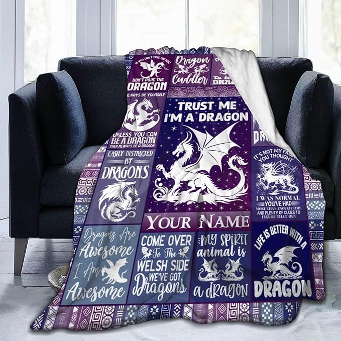 Custom Dragon Blanket with Name for Boys Girls, Personalized Cute Dragon Themed Design Printed Purple Throw Blankets for Kids Lap, Chair Sofa, Giftable Blanket, 40"x 50"