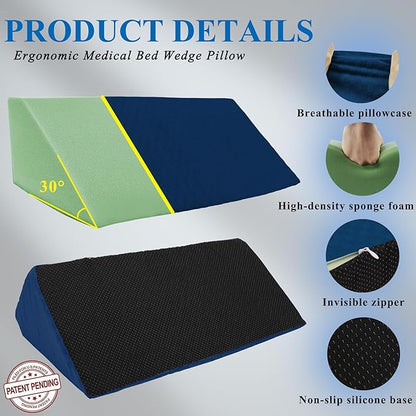 Bed Wedge Pillow for Side Sleeping Sponge Filled Body Positioning Triangle Pillow Suitable for Pregnancy and Surgery Prevent Bed Sore for Leg and Back Support with Pillow Case (Navy Blue)