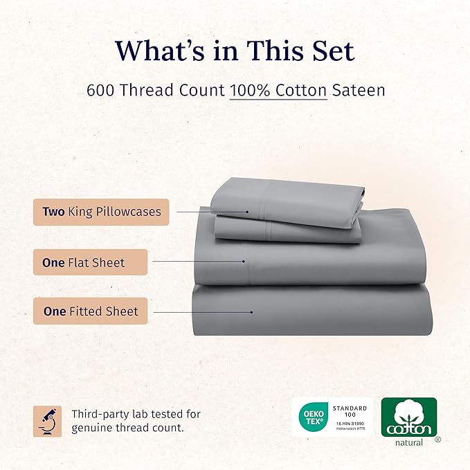 California Design Den Luxury King Size Sheet Set - 100% Cotton, 600 Thread Count Deep Pocket King Sheets, Hotel-Quality Bedding with Sateen Weave - Mist Grey