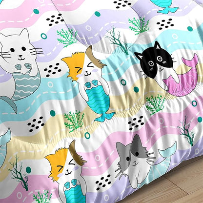 Girls Cat Bedding Set - Queen Size, 3Pcs Cute Cartoon Mermaid Tail Cat Patterns Comforter Set for Girls Boys Kids Bedroom Decor, 1 Comforter 2 Pillow Cases