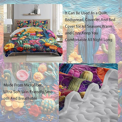 AILONEN Western Cactus Quilt Set Full Size,Colorful Cactus Botanical Bedspread Coverlet for Boys Girls,Lightweight,3Pcs Retro Floral Succulent Plant Quilt & 2 Pillowcases