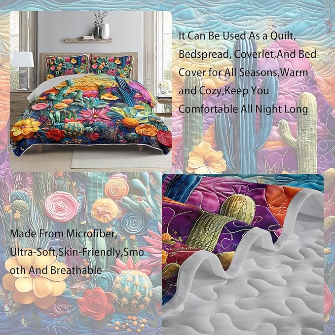 AILONEN Western Cactus Quilt Set Queen Size,Colorful Cactus Botanical Bedspread Coverlet for Boys Girls,Lightweight,3Pcs Retro Floral Succulent Plant Quilt & 2 Pillowcases