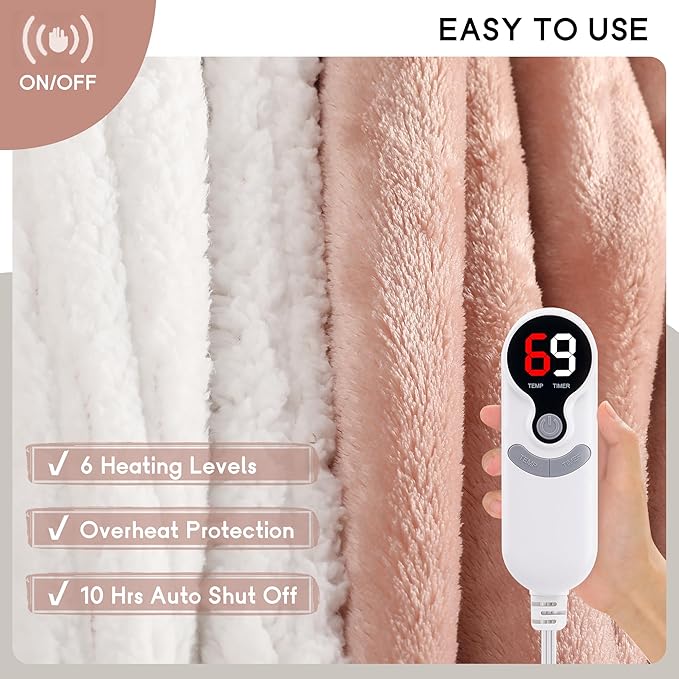 Electric Heated Blanket Full Size 72×84 inches, Cozy Plush Flannel,10 Hrs Auto Shut Off, 6 Heating Levels, Overheated Protection, Cozy Pink