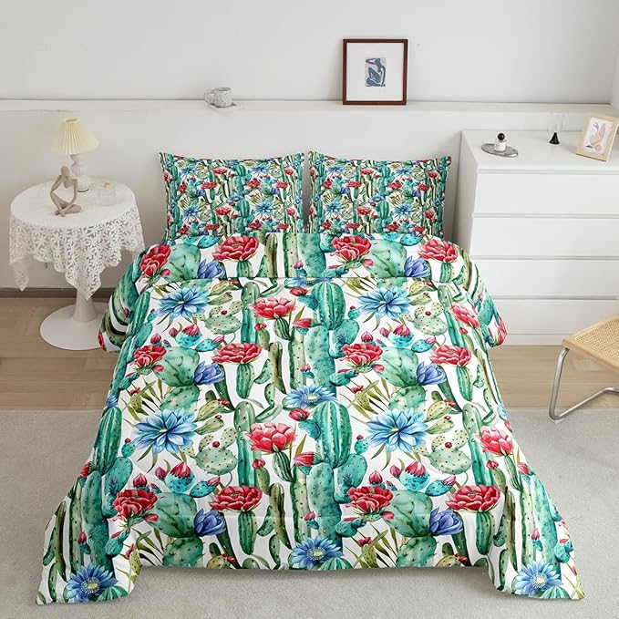 Cactus Flowers Comforter Set King Size for Kids Desert Green Botanical Bedding Sets All Season Bohemia Exotic Rustic Quilt Set Bedroom Decor Western Farmhosue Down Comforter,3Pcs