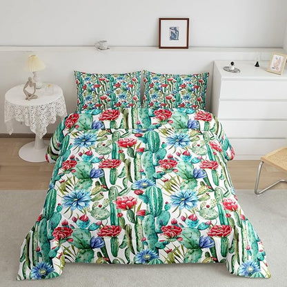 Cactus Flowers Comforter Set Toddler Size for Kids Desert Green Botanical Bedding Sets All Season Bohemia Exotic Rustic Quilt Set Bedroom Decor Western Farmhosue Down Comforter,2Pcs