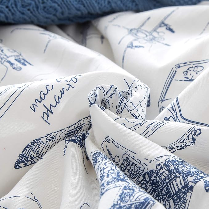 Wellboo Aircraft Comforter Sets Twin Boys Kids Plane Cartoon Bedding Comforters Cotton Toddler Children White and Blue Aviation Quilts Blue Military Cars Transport Army Blankets Adventure Dorm Bed