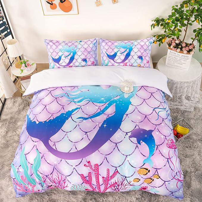CVHOUSE Mermaid Duvet Cover King Size, Ocean Rainbow Mermaid Bedding Set for Girls Kids Teens, Beach Rainbow Comforter Cover, 1 Duvet Cover 2 Pillowcases 3 Piece