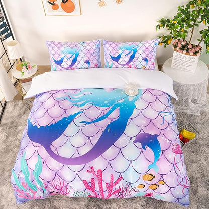 CVHOUSE Mermaid Duvet Cover King Size, Ocean Rainbow Mermaid Bedding Set for Girls Kids Teens, Beach Rainbow Comforter Cover, 1 Duvet Cover 2 Pillowcases 3 Piece