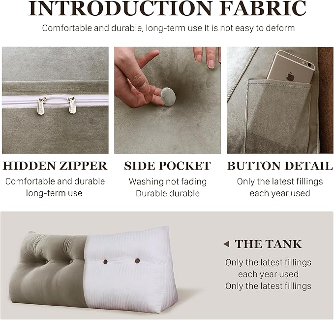 10 lbs Thickened Wedge Pillow Headboard Body Positioner Bed Wedge Pillow Backrest Support Triangular Headboard Cushion with Side Pocket Gift for Mom Velvet Positioning Support Taupe Full