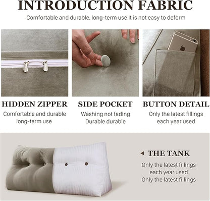10 lbs Thickened Wedge Pillow Headboard Body Positioner Bed Wedge Pillow Backrest Support Triangular Headboard Cushion with Side Pocket Gift for Mom Velvet Positioning Support Taupe Full