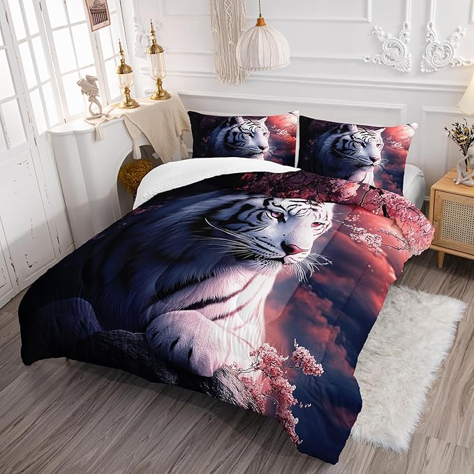 White Tiger Wild Animal Floral Comforter 3Pcs Twin 3D Safari Animal Hunting Theme Flower Bedding Set for Kid Teen Boy Girl Adult Cherry Blossoms Quilt Decor with 1 Comforter and 2 Pillowcases