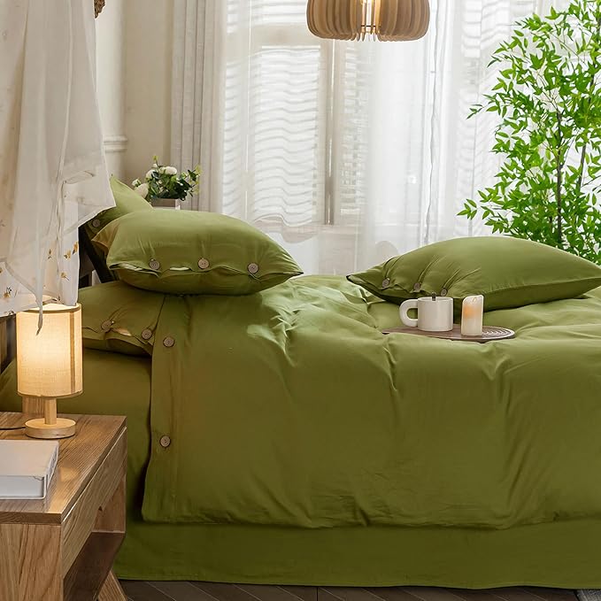 JELLYMONI Christmas Duvet Cover King Size - Avocado Green Comforter Cover with Button 100% Washed Cotton 3PCS Breathable Soft Solid Bedding Set Duvet Cover 104×90in & 2 Pillowcases (NO Comforter)