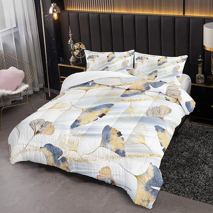 Golden Ginkgo Leaf Theme Comforter 3Pcs Full Watercolor Ginkgo Plant Leaves Bedding Set for Kid Teen Girl Boy Adult Nature Botanical Floral Quilt Bed Decor with 1 Comforter and 2 Pillowcases
