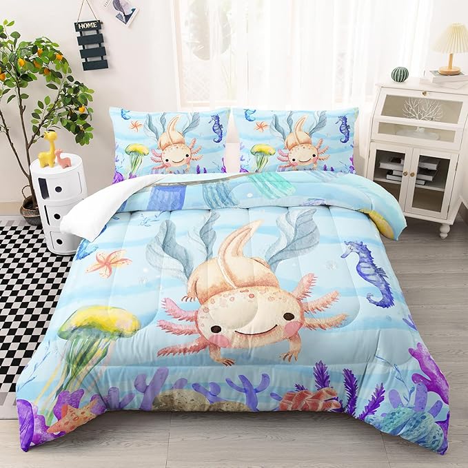 Kawaii Axolotl Ocean Comforter 3Pcs Twin Salamander Hippocampus Marine Animal Jellyfish Fish Bedding Set for Kid Boy Girl Teen Adult Coral Starfish Bed Decor with 1 Comforter and 2 Pillowcases