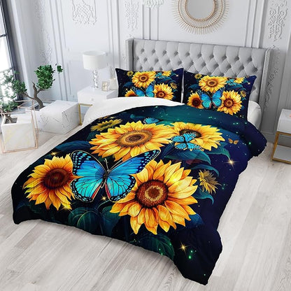 Yellow Sunflower Bedding Blue Butterfly Comforter 3Pcs Queen Black Floral Botanical Pattern Quilt Set for Kid Teen Girl Boy Romantic Starlight Bed Decor Set with 1 Comforter and 2 Pillowcases