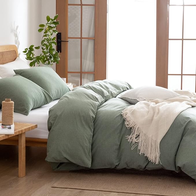 Green Duvet Cover King, 100% Washed Cotton Linen Like Textured 3 Pieces Bedding Set, Solid Color Simple Style Duvet Cover, Luxury Relaxed Feel Natural Wrinkled Breathable Soft Comfy (Green, King)