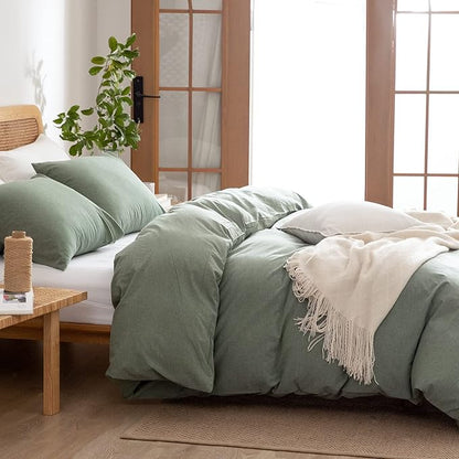 Green Duvet Cover King, 100% Washed Cotton Linen Like Textured 3 Pieces Bedding Set, Solid Color Simple Style Duvet Cover, Luxury Relaxed Feel Natural Wrinkled Breathable Soft Comfy (Green, King)