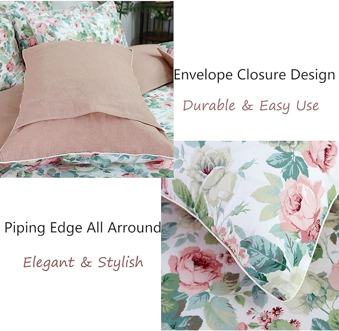 FADFAY Duvet Cover Set Full Pink Rose Floral Bedding French Country Peony Flower Quilt Cover Set Vintage Farmhouse Bedding 100% Cotton Soft Comforter Cover with Hidden Zipper Closure 3Pcs, Full Size