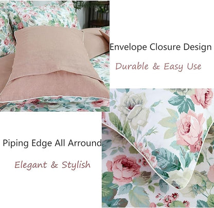 FADFAY Duvet Cover Set Queen Pink Rose Floral Bedding French Country Peony Flower Quilt Cover Set Vintage Farmhouse Bedding 100% Cotton Comforter Cover with Hidden Zipper Closure 3Pcs, Queen Size