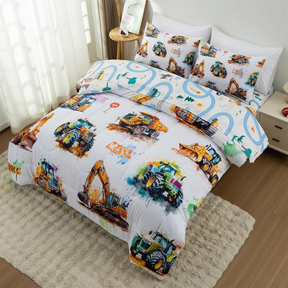 Holawakaka Trucks Tractors Cars Boy Bedding Comforter Set with Sheets, Full Size Cartoon Construction Car Excavator Print Kids Bed in A Bag 5-Piece, Boys Reversible Dorm Bed Sets (Multi Full)