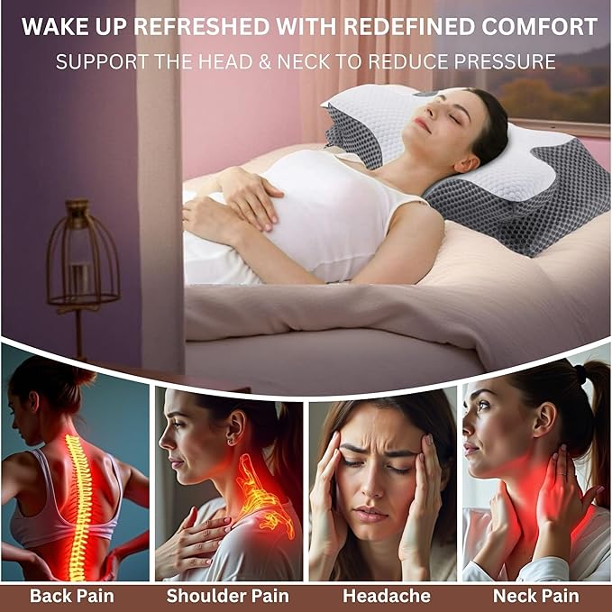 Ultra Pain Relief Cervical Neck Pillow for Side Sleepers, Ergonomic Cooling Memory Foam Pillows for Neck Pain Relief, Butterfly Pillow for Shoulder & Back, Removable & Washable Cover, Standard Size