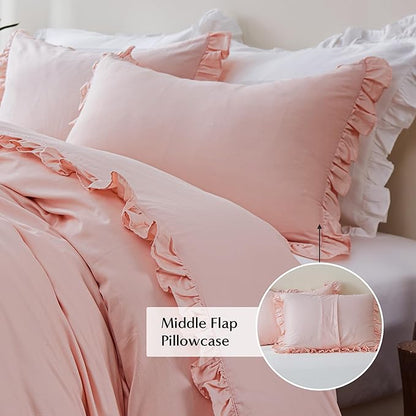 Simple&Opulence Kids 100% Organic Cotton Queen Duvet Cover Ruffle 3Pcs(1 Comforter Cover 2 Pillowcases) Cute Lace Vintage Boho Shabby Chic Farmhouse Bedding Set Teen Girls(Peach Pink,Queen)