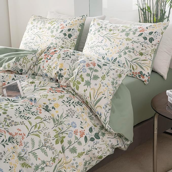 Jane yre Twin Duvet Cover Set Floral Soft Cotton 3 Pieces Bedding Set Chic Floral Garden Fresh Style Green Leaf Twin Flower Duvet Cover with Zipper Closure Luxury Breathable Comfy