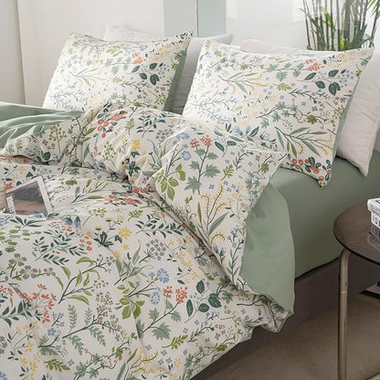 Jane yre Twin Duvet Cover Set Floral Soft Cotton 3 Pieces Bedding Set Chic Floral Garden Fresh Style Green Leaf Twin Flower Duvet Cover with Zipper Closure Luxury Breathable Comfy