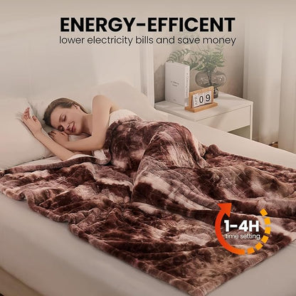 Electric Heated Blanket 84"x90",Luxury White Coffee Faux Rabbit Fur Electric Queen Blanket,Fast Heating Soft Fluffy Thick Electric Blanket with 6 Heating Levels & 12H Auto Off